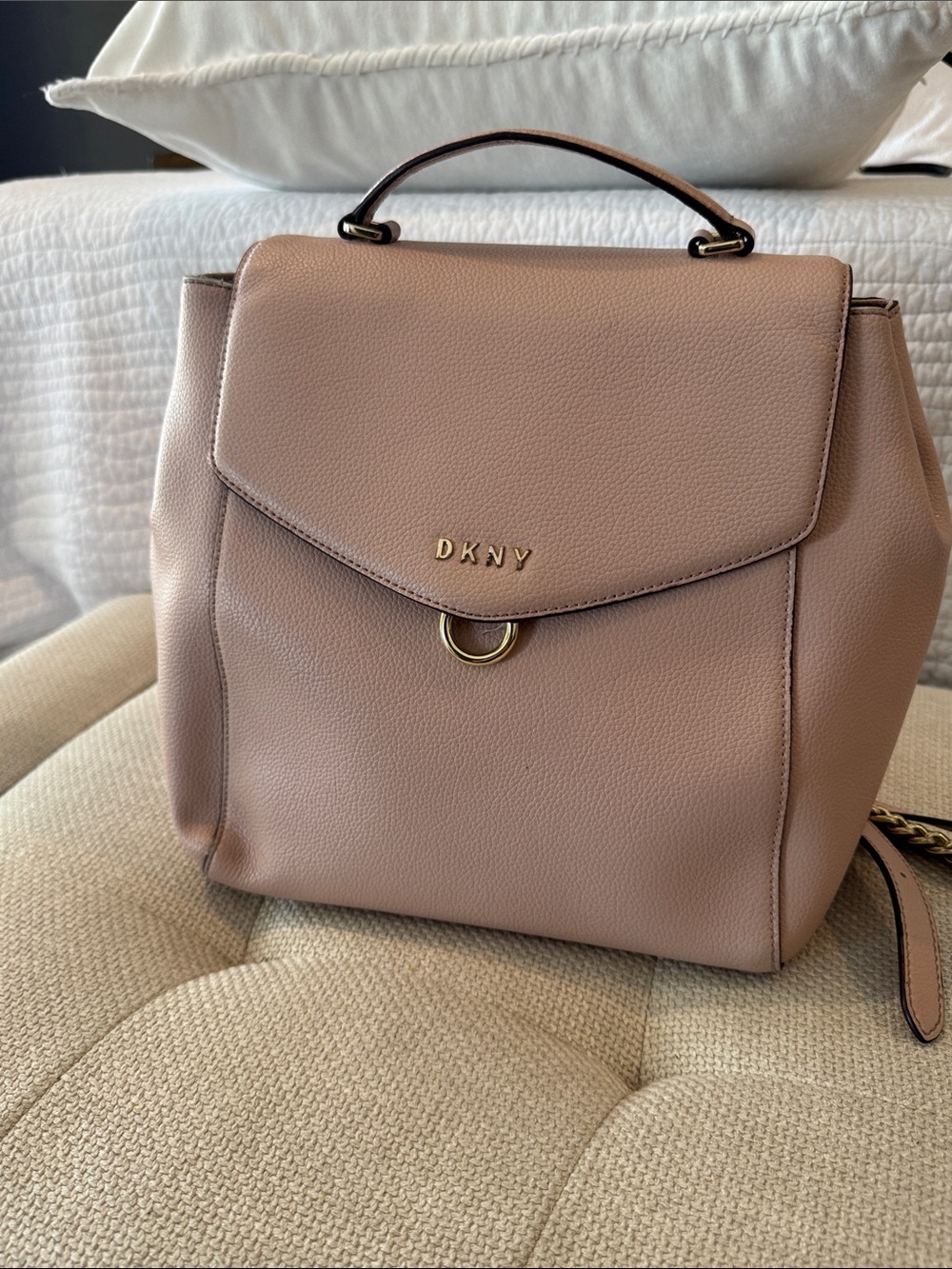 DKNY Pink Pebbled Leather Top-Handle Backpack with Gold Hardware